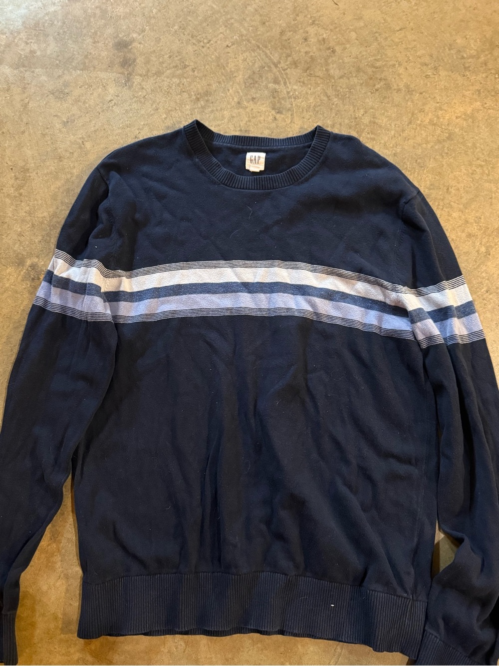 GAP Navy Crewneck Sweater with Light Blue and White Chest Stripes
